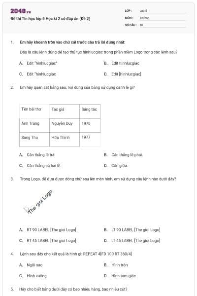 Đề thi Tin học lớp 5 Học kì 2 có đáp án (Đề 2)