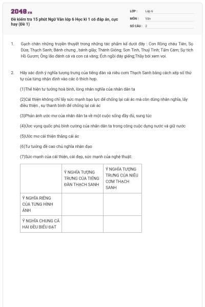 Đề kiểm tra 15 phút Ngữ Văn lớp 6 Học kì 1 có đáp án, cực hay (Đề 1)