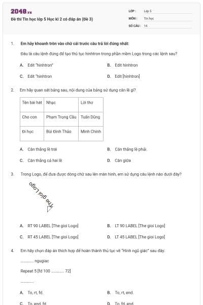 Đề thi Tin học lớp 5 Học kì 2 có đáp án (Đề 3)