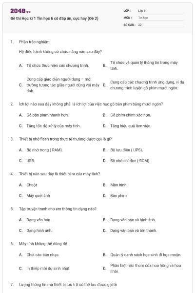 Đề thi Học kì 1 Tin học 6 có đáp án, cực hay (Đề 2)