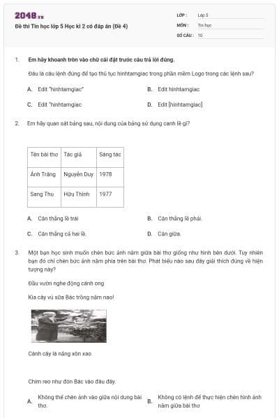 Đề thi Tin học lớp 5 Học kì 2 có đáp án (Đề 4)