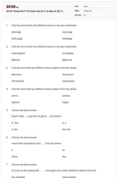 Đề thi Tiếng Anh 9 Thí điểm Học kì 2 có đáp án (Đề 1)