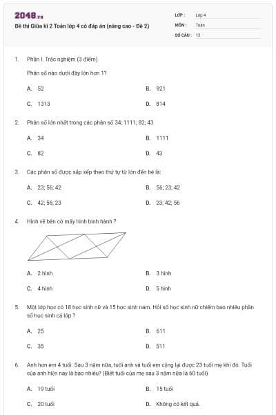 Đề thi Giữa kì 2 Toán lớp 4 có đáp án (nâng cao - Đề 2)