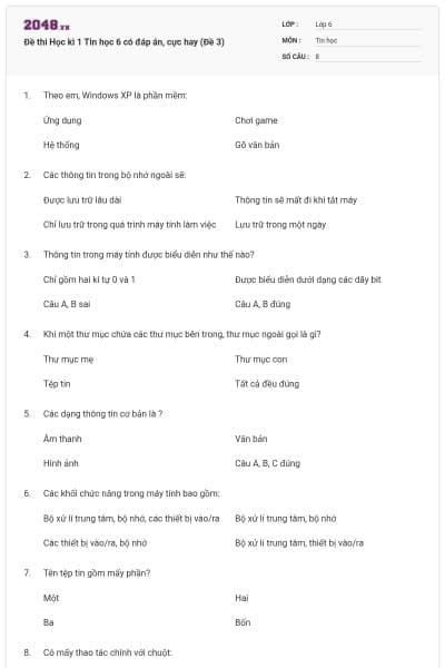 Đề thi Học kì 1 Tin học 6 có đáp án, cực hay (Đề 3)