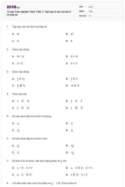 12 câu Trắc nghiệm Toán 7 Bài 1: Tập hợp Q các số hữu tỉ có đáp án