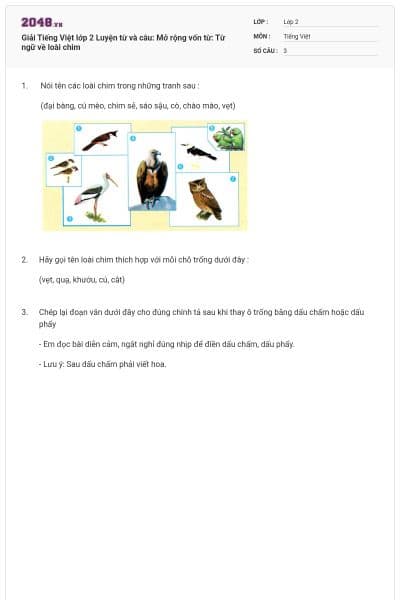 Giải Tiếng Việt lớp 2 Luyện từ và câu: Mở rộng vốn từ: Từ ngữ về loài chim