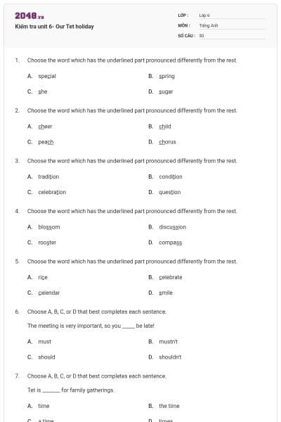 Kiểm tra unit 6- Our Tet holiday