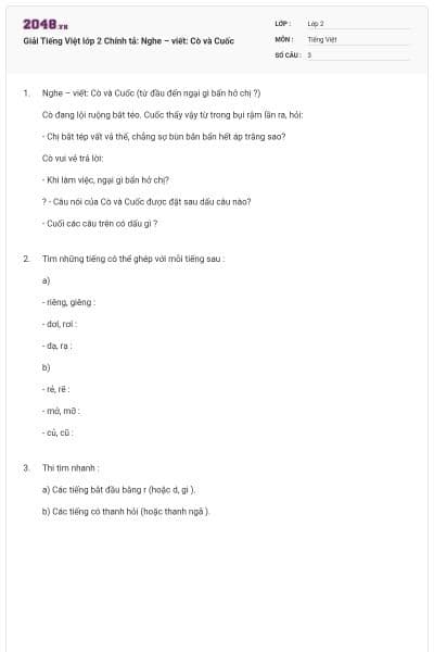 Giải Tiếng Việt lớp 2 Chính tả: Nghe – viết: Cò và Cuốc