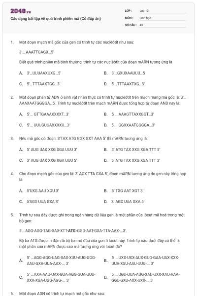 Các dạng bài tập về quá trình phiên mã (Có đáp án)