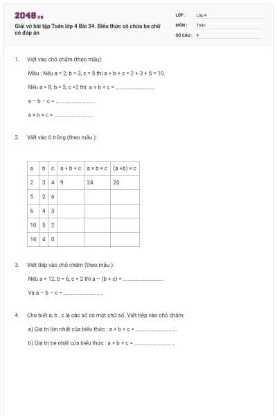 Giải vở bài tập Toán lớp 4 Bài 34. Biểu thức có chứa ba chữ có đáp án