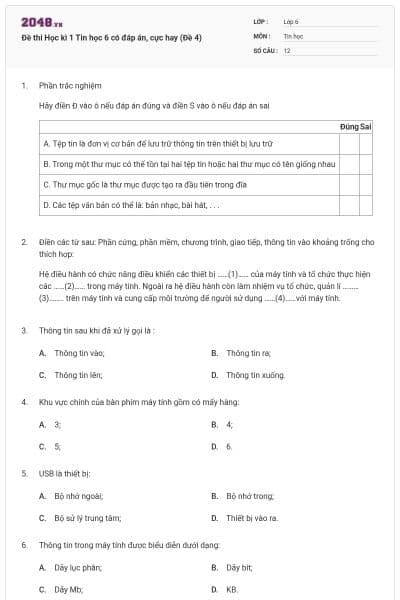 Đề thi Học kì 1 Tin học 6 có đáp án, cực hay (Đề 4)
