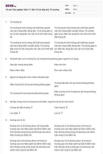 18 câu  Trắc nghệm Vật lí 11 Bài 19 (có đáp án): Từ trường