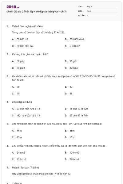 Đề thi Giữa kì 2 Toán lớp 4 có đáp án (nâng cao - Đề 3)