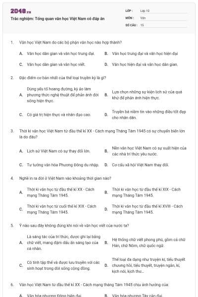 Trắc nghiệm: Tổng quan văn học Việt Nam có đáp án