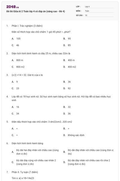 Đề thi Giữa kì 2 Toán lớp 4 có đáp án (nâng cao - Đề 4)