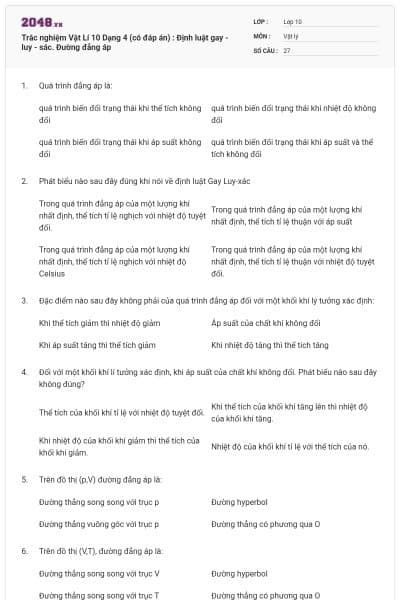 Trắc nghiệm Vật Lí 10 Dạng 4 (có đáp án) : Định luật gay - luy - sác. Đường đẳng áp