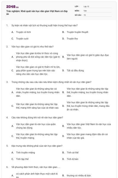 Trắc nghiệm: Khái quát văn học dân gian Việt Nam có đáp án