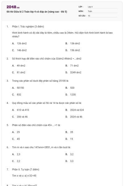 Đề thi Giữa kì 2 Toán lớp 4 có đáp án (nâng cao - Đề 5)
