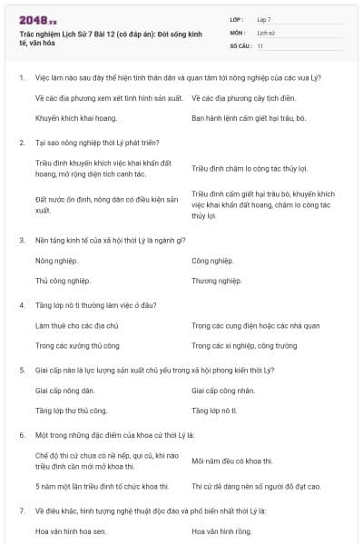 Trắc nghiệm Lịch Sử 7 Bài 12 (có đáp án): Đời sống kinh tế, văn hóa