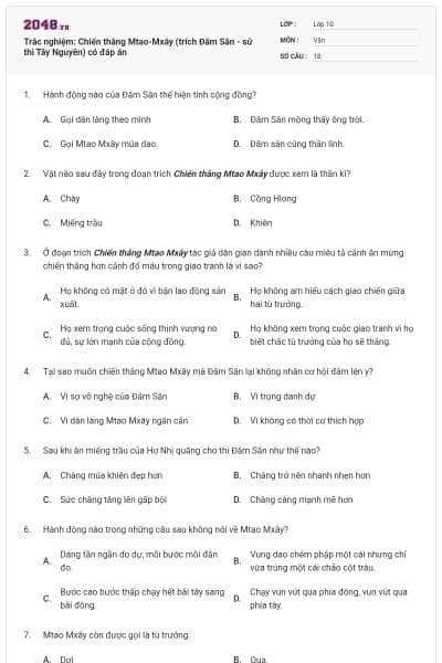 Trắc nghiệm: Chiến thắng Mtao-Mxây (trích Đăm Săn - sử thi Tây Nguyên) có đáp án