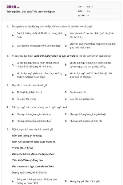 Trắc nghiệm: Văn bản (Tiếp theo) có đáp án