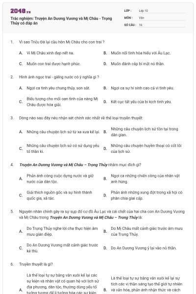 Trắc nghiệm: Truyện An Dương Vương và Mị Châu - Trọng Thủy có đáp án