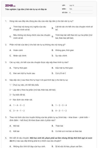 Trắc nghiệm: Lập dàn ý bài văn tự sự có đáp án