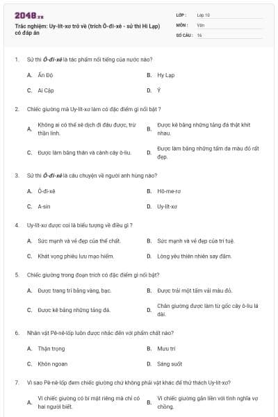Trắc nghiệm: Uy-lít-xơ trở về (trích Ô-đi-xê - sử thi Hi Lạp) có đáp án