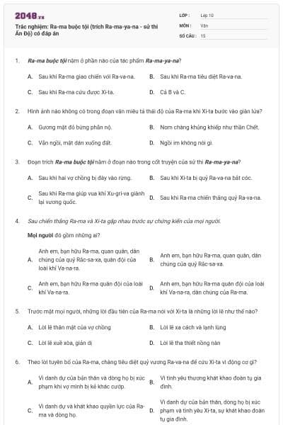 Trắc nghiệm: Ra-ma buộc tội (trích Ra-ma-ya-na - sử thi Ấn Độ) có đáp án