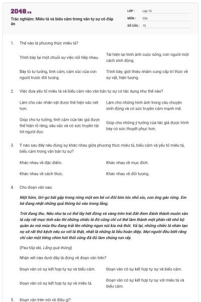 Trắc nghiệm: Miêu tả và biểu cảm trong văn tự sự có đáp án