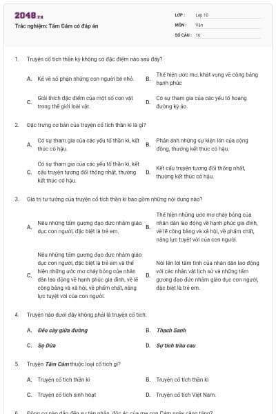 Trắc nghiệm: Tấm Cám có đáp án