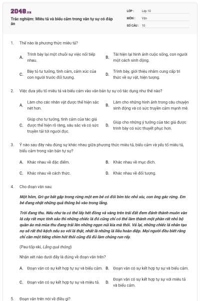 Trắc nghiệm: Miêu tả và biểu cảm trong văn tự sự có đáp án