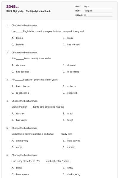 Bài 3: Ngữ pháp – Thì hiện tại hoàn thành