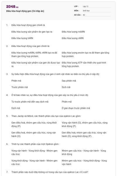 Điều hòa hoạt động gen (Có đáp án)