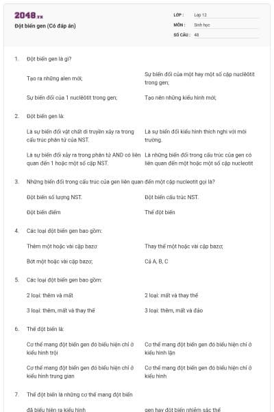 Đột biến gen (Có đáp án)