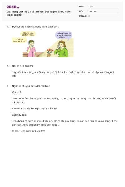 Giải Tiếng Việt lớp 2 Tập làm văn: Đáp lời phủ định. Nghe - trả lời câu hỏi