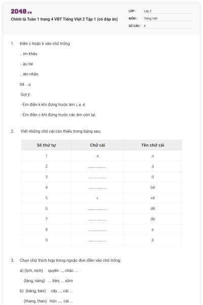 Chính tả Tuần 1 trang 4 VBT Tiếng Việt 2 Tập 1 (có đáp án)