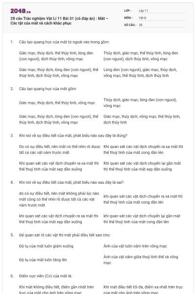28 câu Trắc nghiệm Vật Lí 11 Bài 31 (có đáp án) : Mắt – Các tật của mắt và cách khắc phục