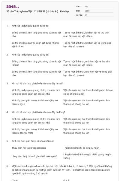 35 câu  Trắc nghiệm Vật Lí 11 Bài 32 (có đáp án) : Kính lúp
