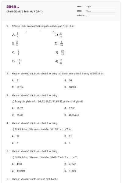 Đề thi Giữa kì 2 Toán lớp 4 (Đề 1)