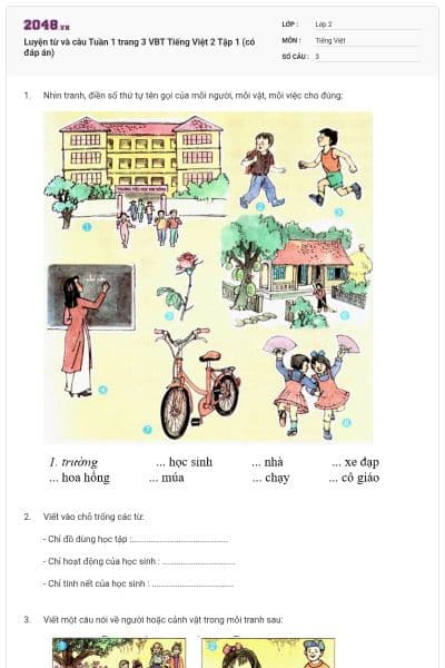 Luyện từ và câu Tuần 1 trang 3 VBT Tiếng Việt 2 Tập 1 (có đáp án)