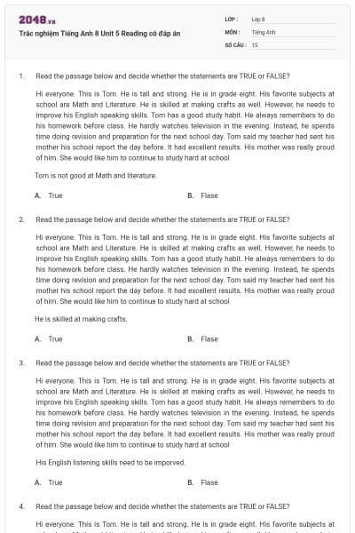 Trắc nghiệm Tiếng Anh 8 Unit 5 Reading có đáp án