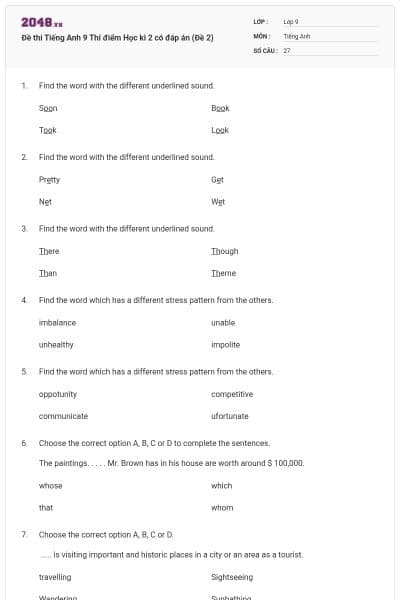 Đề thi Tiếng Anh 9 Thí điểm Học kì 2 có đáp án (Đề 2)