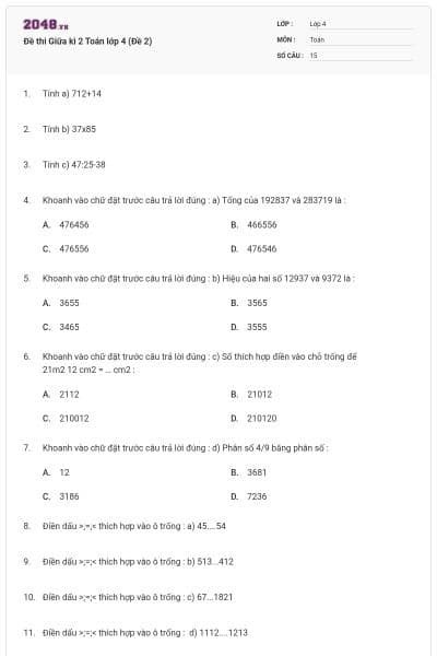 Đề thi Giữa kì 2 Toán lớp 4 (Đề 2)