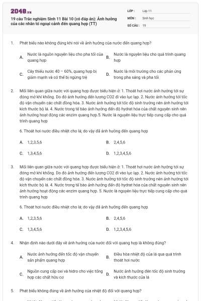19 câu  Trắc nghiệm Sinh 11 Bài 10 (có đáp án): Ảnh hưởng của các nhân tố ngoại cảnh đến quang hợp (TT)