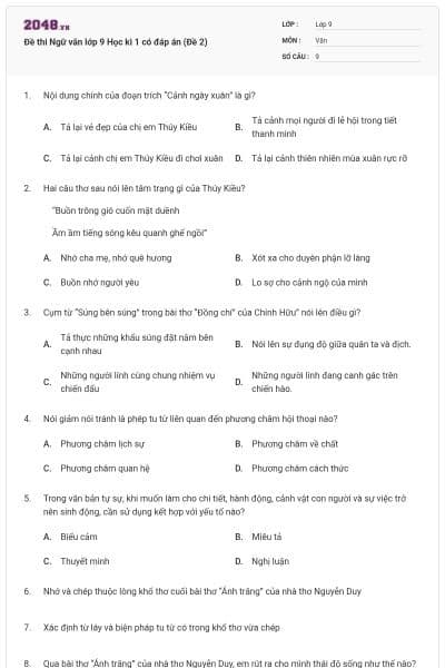 Đề thi Ngữ văn lớp 9 Học kì 1 có đáp án (Đề 2)