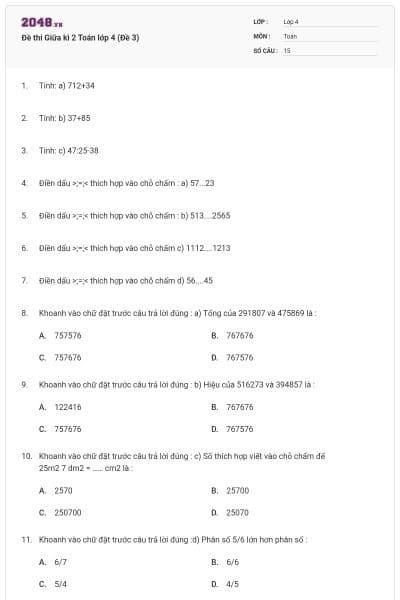 Đề thi Giữa kì 2 Toán lớp 4 (Đề 3)