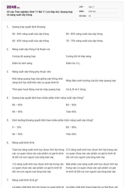 25 câu  Trắc nghiệm Sinh 11 Bài 11 (có đáp án): Quang hợp và năng  suất cây trồng