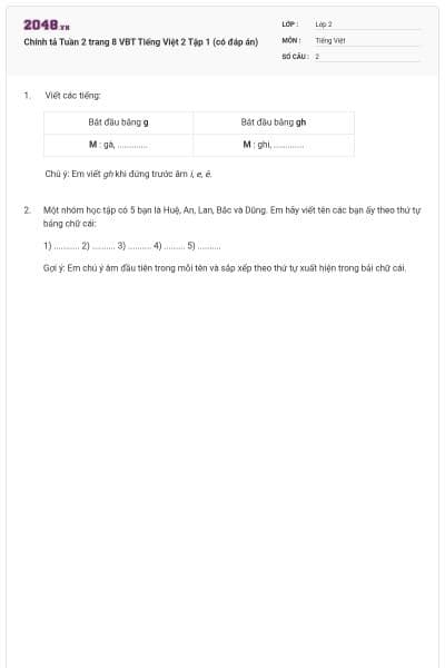 Chính tả Tuần 2 trang 8 VBT Tiếng Việt 2 Tập 1 (có đáp án)