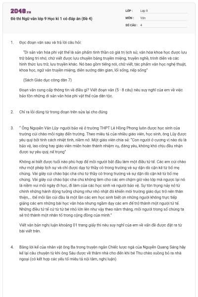 Đề thi Ngữ văn lớp 9 Học kì 1 có đáp án (Đề 4)